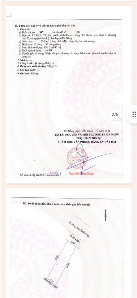 Cc bán đất bùi thiện ngộ. hòa xuân khu nam ntp. diện tích 100 m2. giá 5,65 tỷ.
