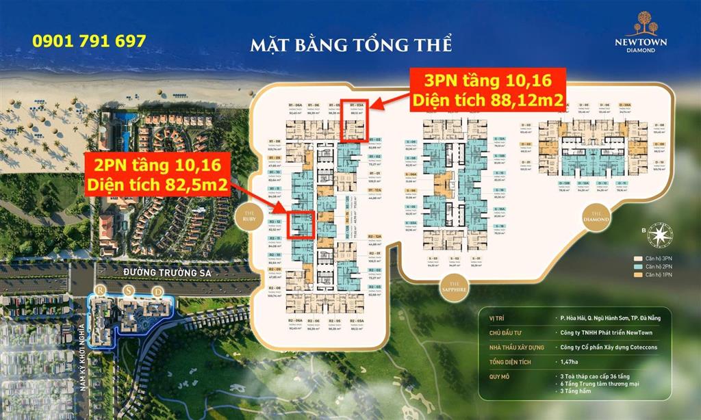 Căn hộ newtown diamond đà nẵng, tòa ruby đẹp tại dự án tầng cao trực diện biển