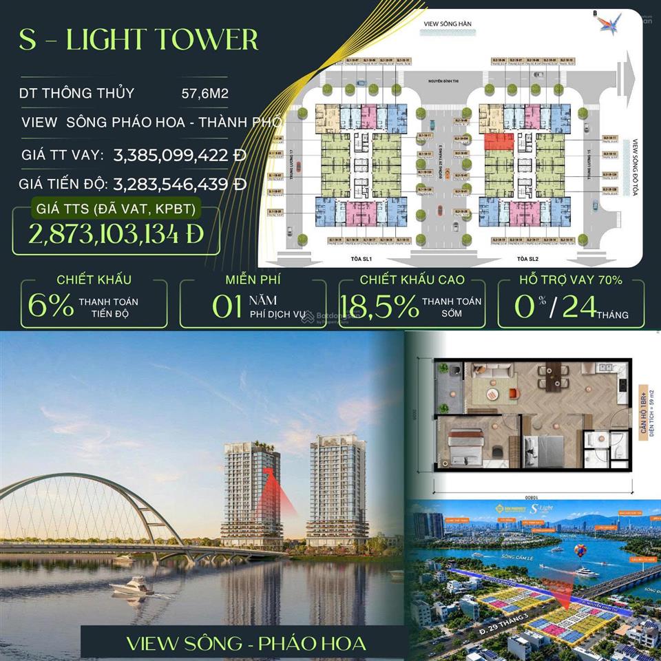 Bán căn hộ 2pn slight tower đà nẵng 57,6m2 tầng cao view sông chỉ 2,87 tỷ