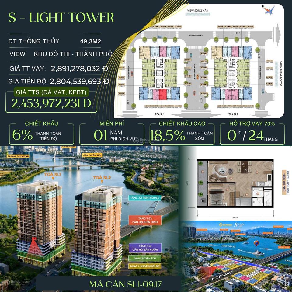 Bán căn hộ 1pn slight tower chỉ 2,454 tỷ  ck 18,5%  vay 70% ls 0% 24 tháng