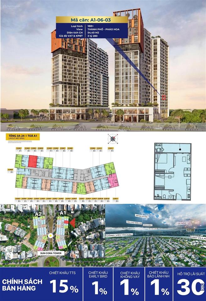 Căn 1pn+ sun cora đà nẵng giá đầu tư chỉ 2.78 tỷ trần cao 3.5m tân nguyễn real 0905 444 ***