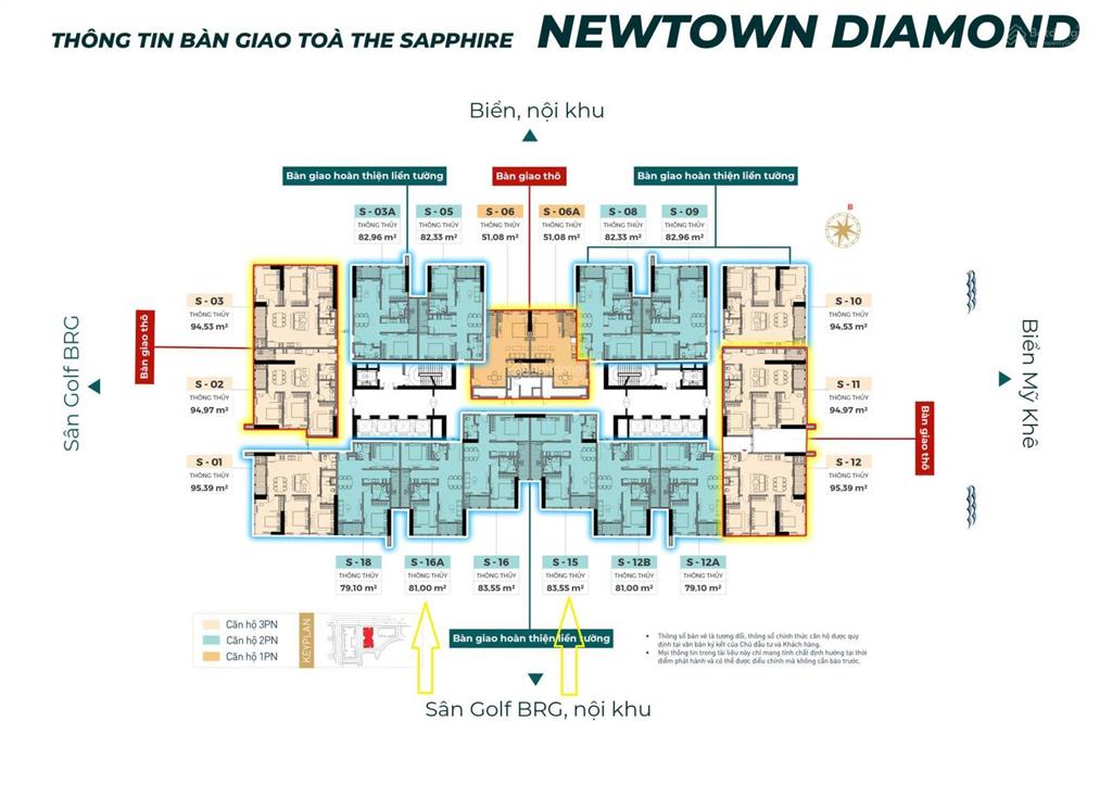 Căn hộ 2pn tầng 30, dt 83m2  giá chỉ 4 tỷ 98 view biển dự án newtown diamond  đà nẵng