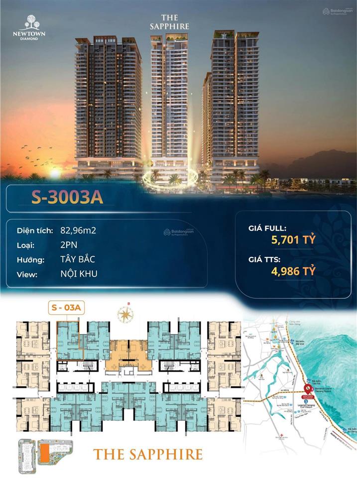 Căn hộ 2pn tầng 30, dt 83m2  giá chỉ 4 tỷ 98 view biển dự án newtown diamond  đà nẵng