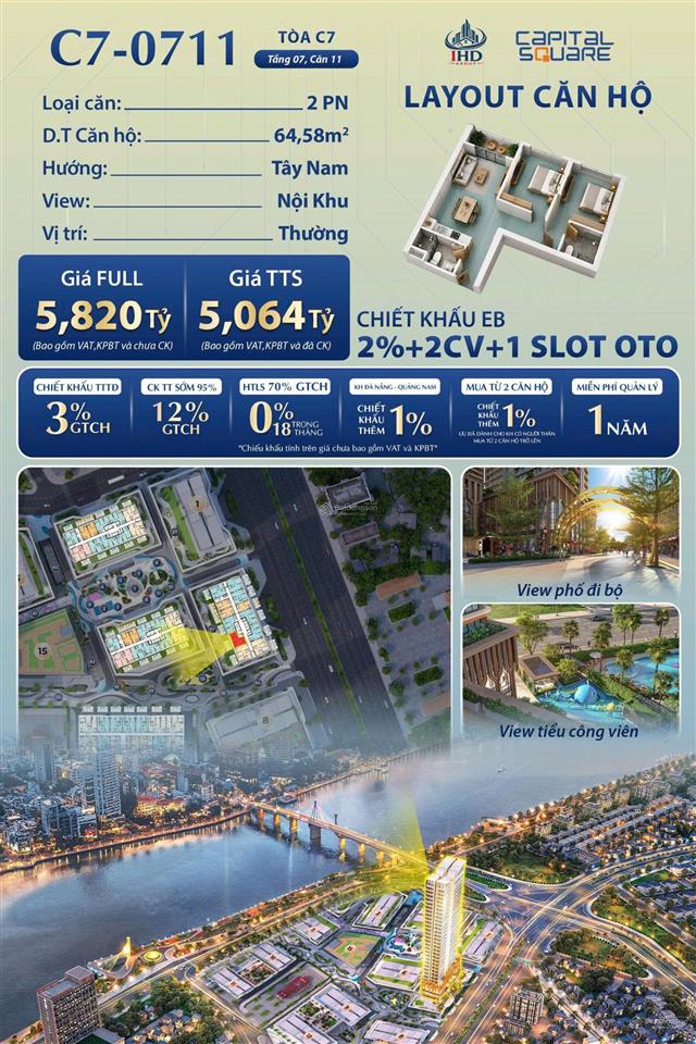 Bán căn hộ trung tâm sông hàn đà nẵng 2br(64,58m2) 2wc chỉ 5,064 tỷ siêu rẻ  trực tiếp chủ đầu tư