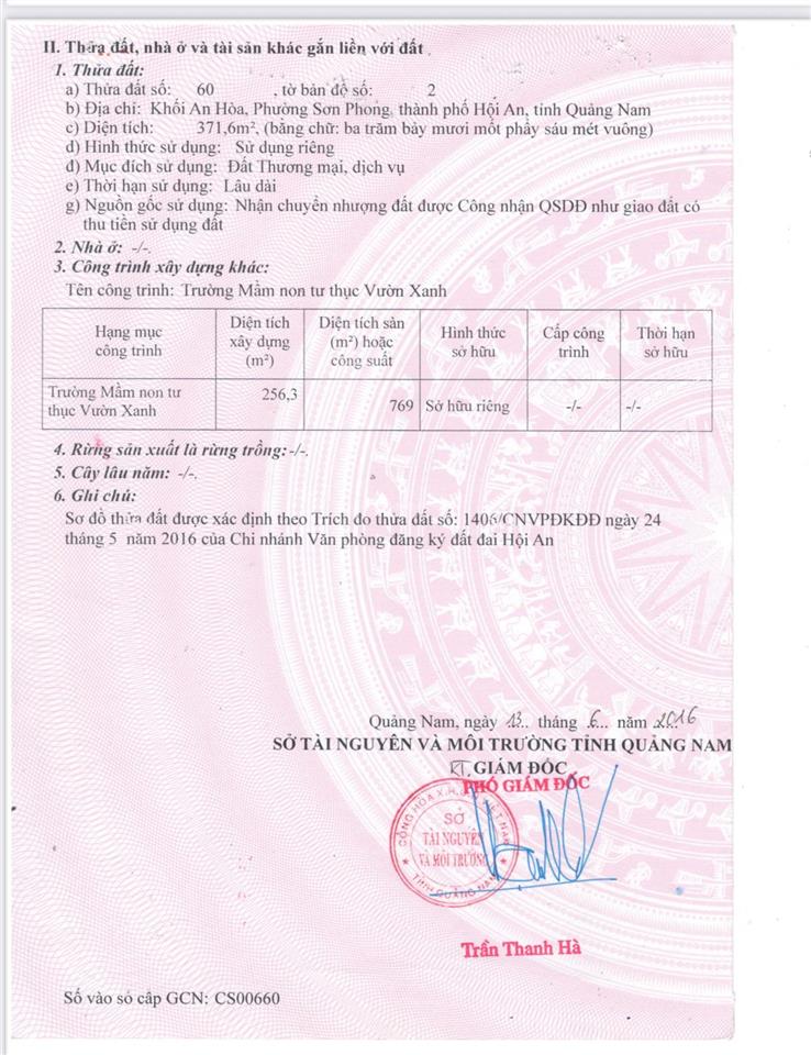Hàng hiếm trường mầm non tư thục vườn xanh hội an 371m2
