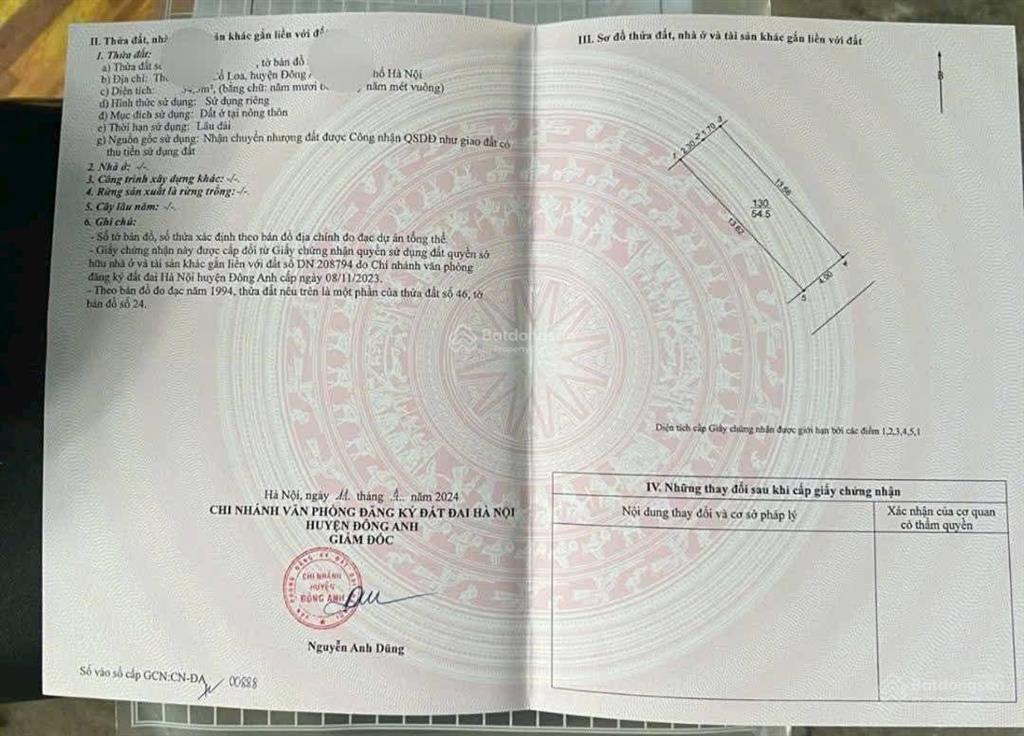 Bán đất xóm gà cổ loa đông anh hà nội giá bán 4.8tỷ. diện tích 54.5m2
