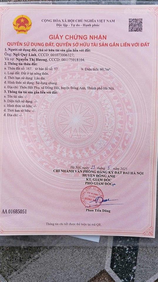 Bán mảnh đất  tại thôn hội phụ  đông anh  hà nội. diện tích 60m2, vuông vắn mặt tiền 3.3m