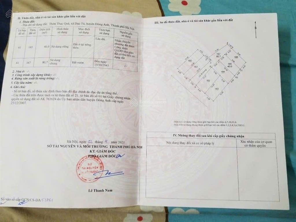 Bán lô đất đẹp thôn thạc quả  x. dục tú  đông anh  hn. dt 40m2. mặt tiền 4m, hướng tây nam