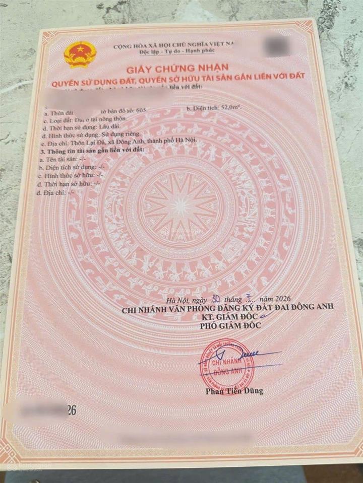 Bán đất thôn lại đà đông hội, đông anh, hà nội + diện tích 52m². mặt tiền 3,8m