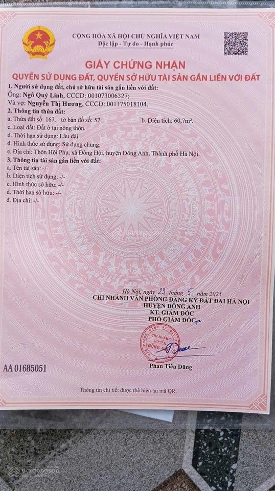 Bán mảnh đất  tại thôn hội phụ  đông anh  hà nội. diện tích 60.7m2, vuông vắn mặt tiền 3.3m