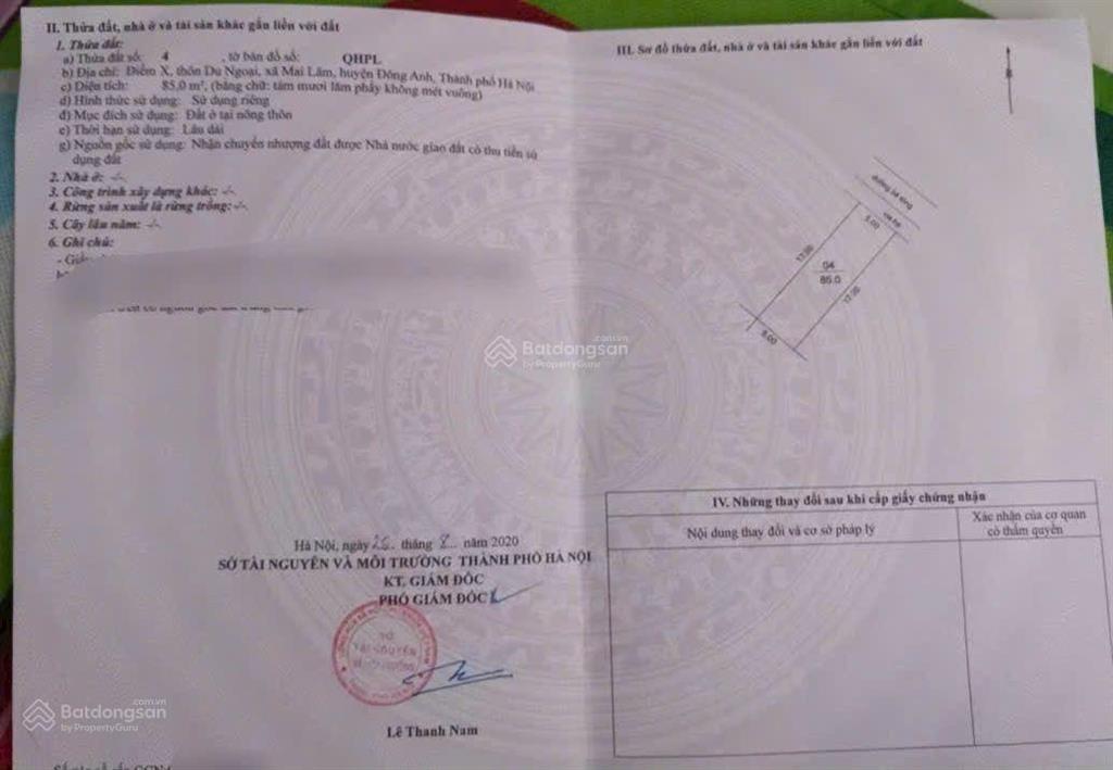 Bán đất khu đấu giá. thôn du ngoại  xã mai lâm  đông anh  hn dt 85m2 rộng 5m hướng đông bắc