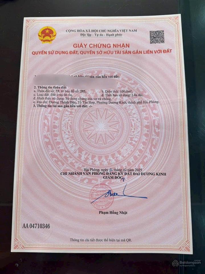 Lô đất ngõ 81 tân thành, dương kinh, hải phòng diện tích 100m2  ngang 5m đường nhựa rộng 10m