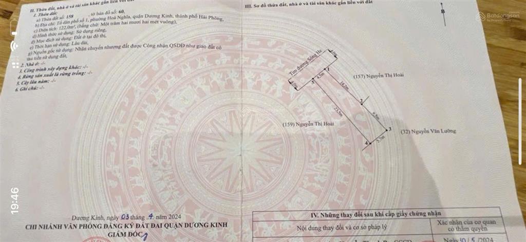 Lô đất mặt đường sông he, hoà nghĩa, dương kinh, hải phòng  ngay sát vinhomes  diện tích 122m2