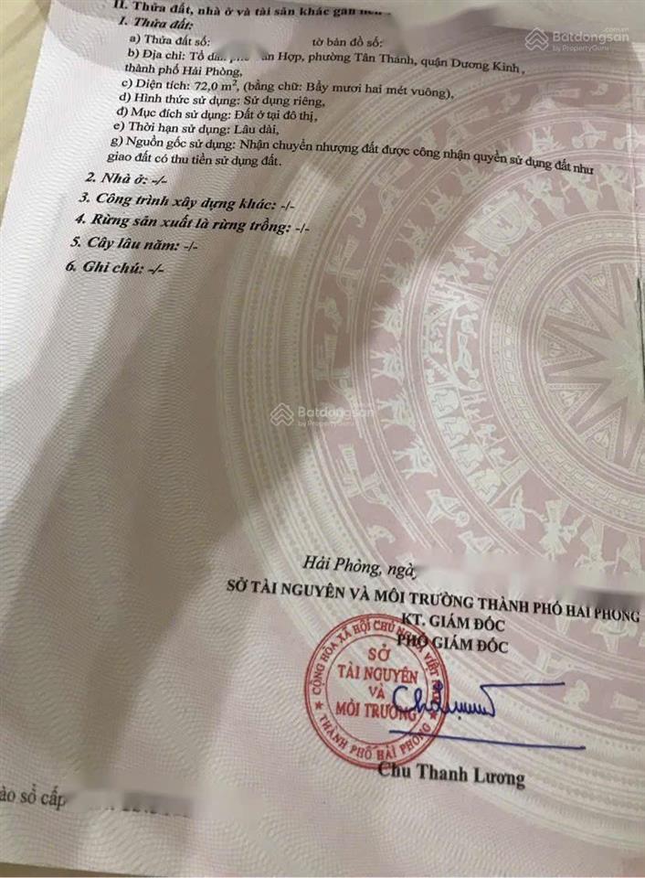  lô đất ngõ 5m ô bàn cờ tân thành, dương kinh, hải phòng 1 tỷ **
 diện tích 72m2 ngang 4m vuông