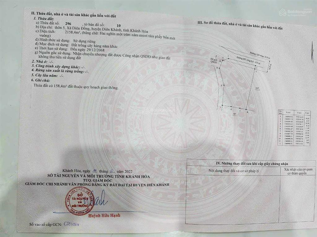 Bán đất thôn 5, xã diên đồng, huyện diên khánh, tỉnh khánh hòa