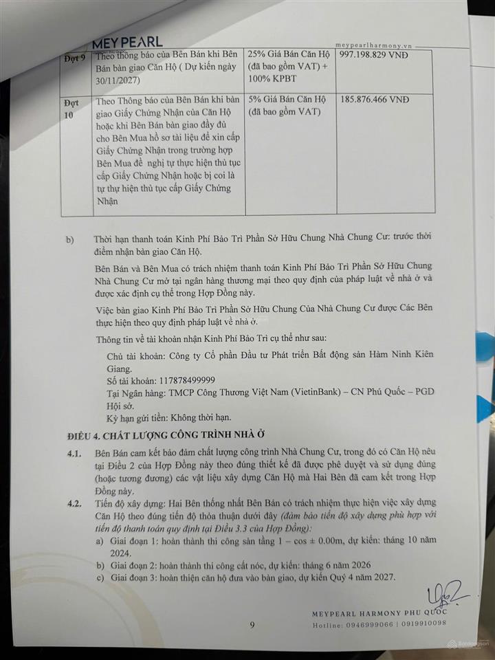 Sang nhượng lại căn hộ 5 sao meypearl phú quốc tầng 12, đã thanh toán 831 triệu