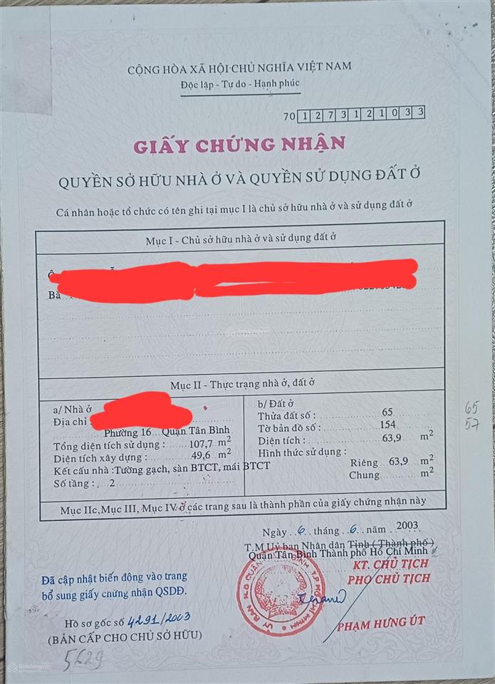 Chính chủ bán nhà hai mặt tiền hẻm xe hơi, hẻm 95 gò dầu, p. tân quý, q. tân phú