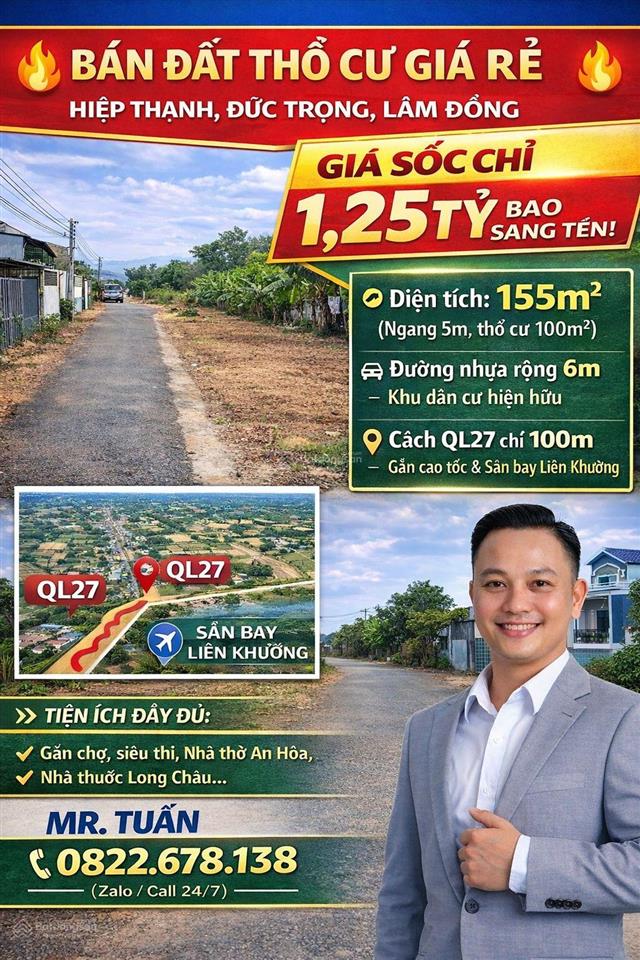 Bán đất thổ cư xã hiệp thạnh, giá sốc 1,3 tỷ, vị trí vàng gần chợ, ql 27 & sân bay liên khương