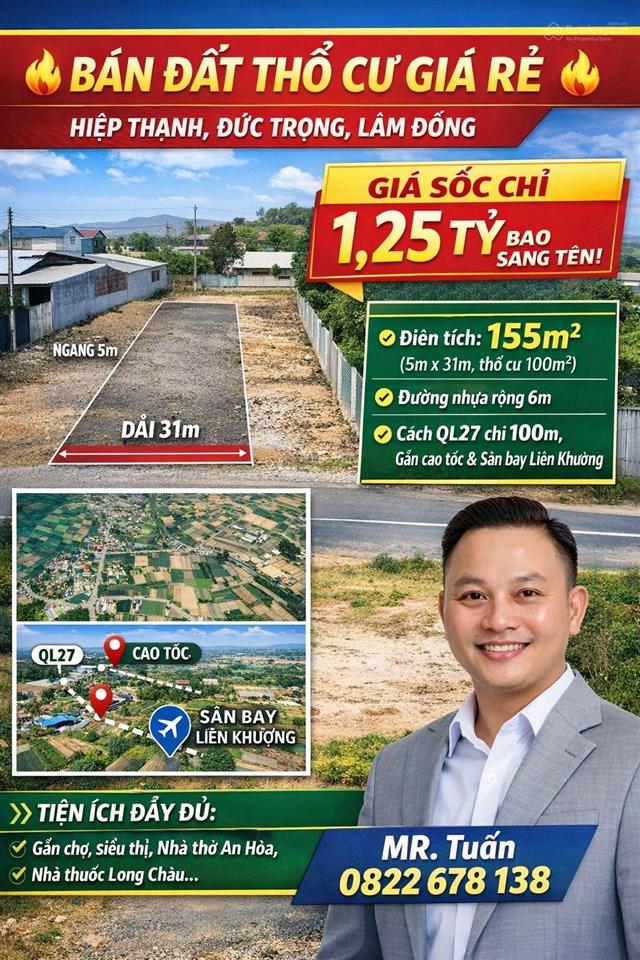 Bán đất thổ cư xã hiệp thạnh, giá sốc 1,3 tỷ, vị trí vàng gần chợ, ql 27 & sân bay liên khương