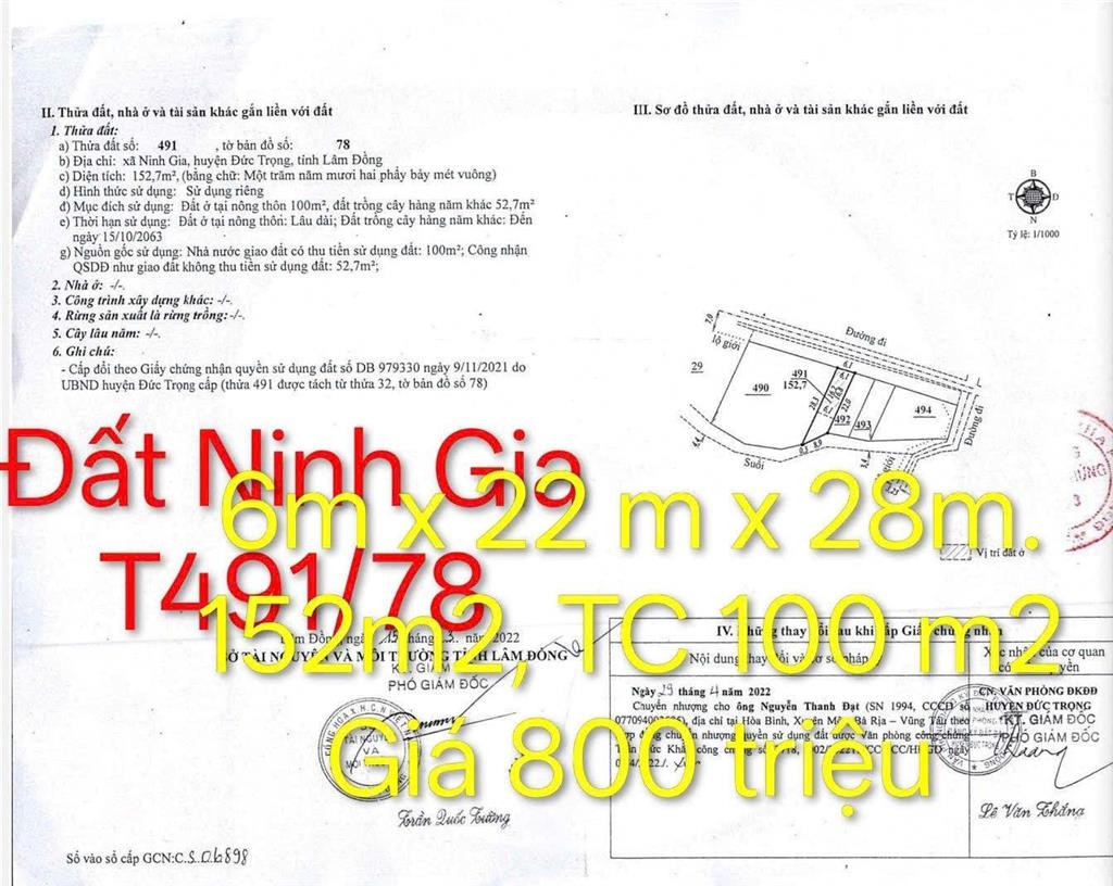 Bán đất thổ cư giá rẻ 800 triệu tại xã ninh gia, tỉnh lâm đồng, diện tích 152 m2.