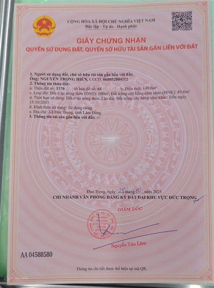 Bán đất thổ cư chỉ 1,55 tỷ tại đức trọng, lâm đồng. gần chợ, trường học, công viên, trạm y tế