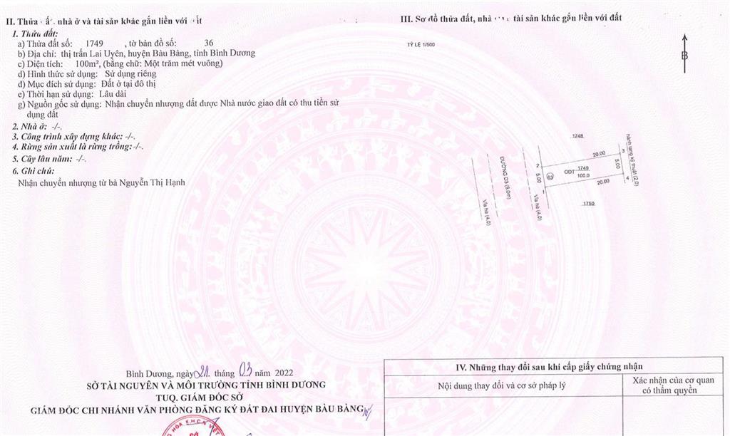 Bán đất trung tâm hành chính bàu bàng, 1,4 tỷ, 100m2, sổ hồng full thổ cư, chính chủ