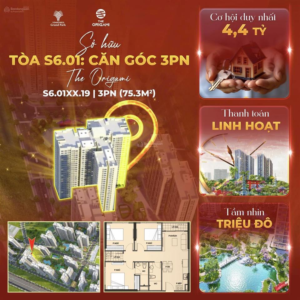 Bán căn góc 3pn the origami s6.01  75m2  view trực diện hồ cá koi  giá chỉ 4.4 tỷ nhận nhà ngay