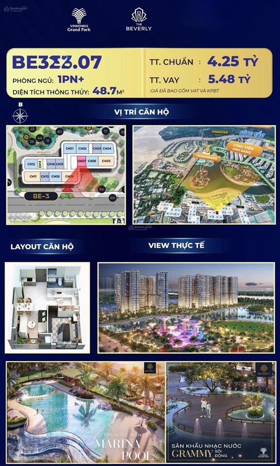 Độc quyền căn 1pn+ the beverly ký trực tiếp cđt, view tầng cao nhìn cv 36ha siêu mát mẻ giá 4,2tỷ