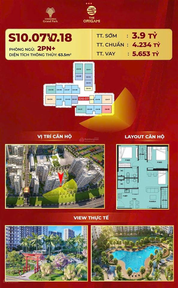 Độc quyền căn 2pn+ origami toà s10.07 view trực diện cv hồ cá koi giá 3,9ty giá gốc cđt