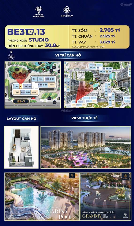Bán căn hộ studio 35,3m2 the beverly view hồ bơi, giá 2,7ty ký trực tiếp cđt