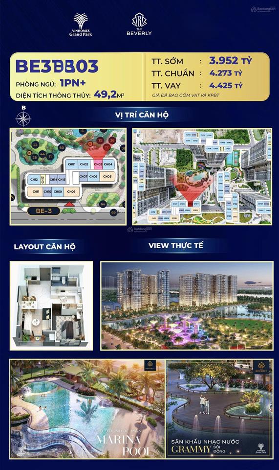 Bán căn 1pn+ the beverly, 55m2, giá 3,9ty sẵn sàng nhận nhà ở ngay, mua trực tiếp cđt
