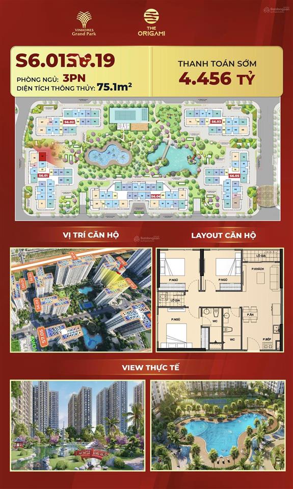 Bán căn hộ origami tòa s6 căn 3pn, 2wc, 81,5m2, vinhomes grand park q9 giá 4,4ty mua trực tiếp cđt