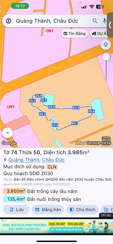 Quảng thành 7900m2 có 300m2 (ont) có ao cá vườn trái cây