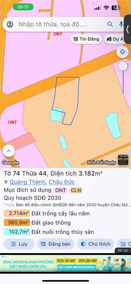 Quảng thành 7900m2 có 300m2 (ont) có ao cá vườn trái cây