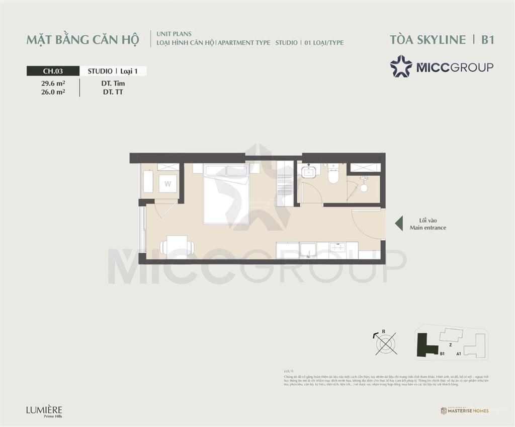Studio giá vay rẻ nhất 26m2 lumiere prime hills, view nội khu , hướng tây bắc, tầng cao, vốn 20%