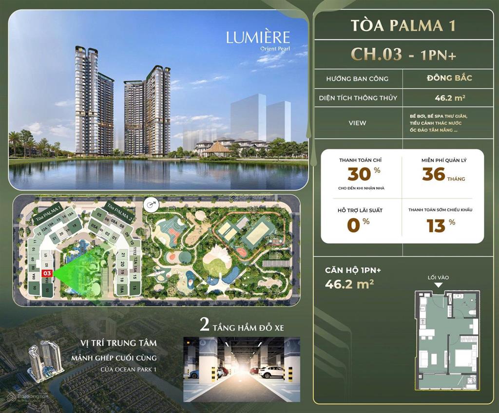 Giảm giá 1,1 tỷ căn 1 phòng ngủ, lumiere orient pearl, tầng trung đẹp, view nội khu, hướng mát