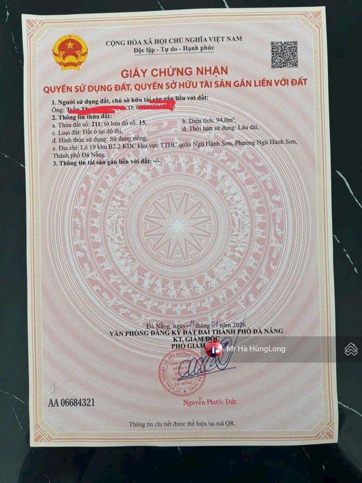 Chủ gửi bán lô đất sơn thuỷ 3. p.nhs , tp đà