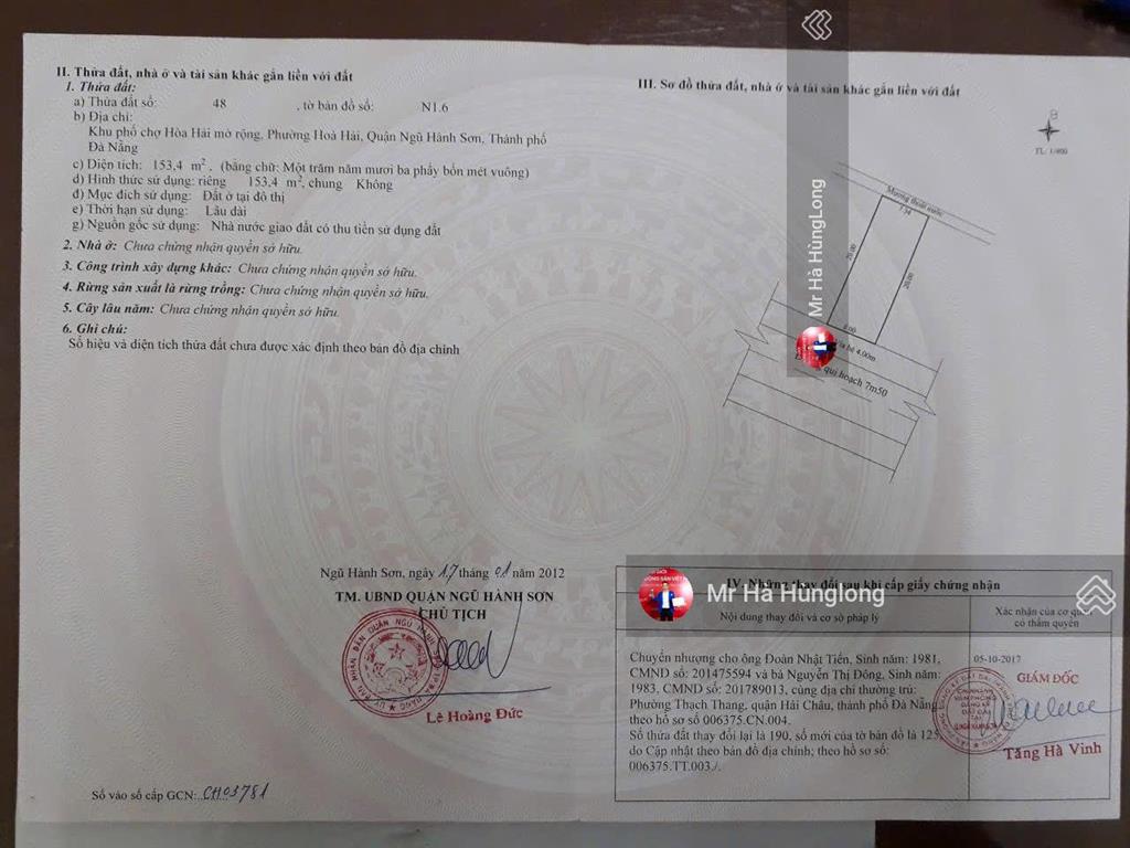 Bán đất khu phố chợ hòa hải mở rộng văn tân 153,4m2 ngang 8m, đường 7,5m
