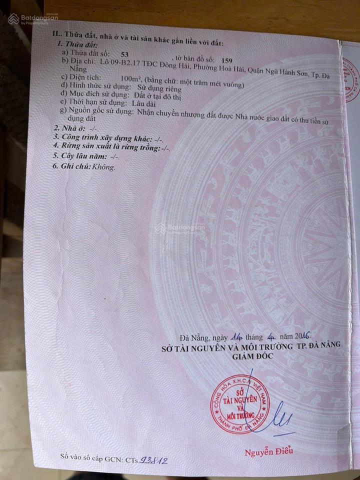 Đất biển tân trà đối diện công viên, đối lưng sông cổ cò. cách bãi tắm 500m ngũ hành sơn