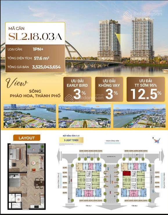 Độc quyền căn 2pn 57.6m2 căn hộ slight tầng 18 view chéo sông giá chỉ từ 2.87 tỷ