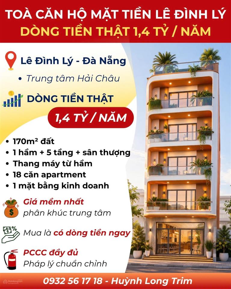 Toà căn hộ apament đẳng cấp tại lê đình lý. doanh thu 1.4 tỷ/năm. 170 m2 đất.  0932 561 ***