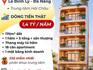 Toà căn hộ apament đẳng cấp tại lê đình lý. doanh thu 1.4 tỷ/năm. 170 m2 đất.  0932 561 ***