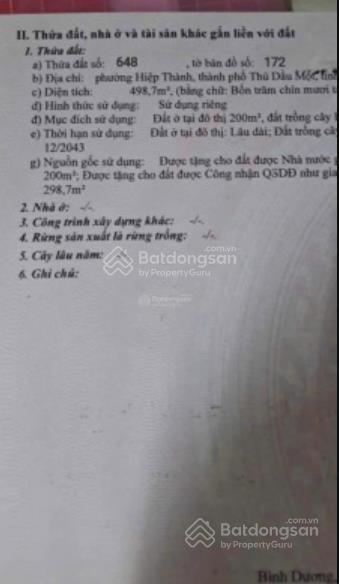Chính chủ cần bán đất mặt tiền đường tô vĩnh diện, phường hiệp thành, tp tdm