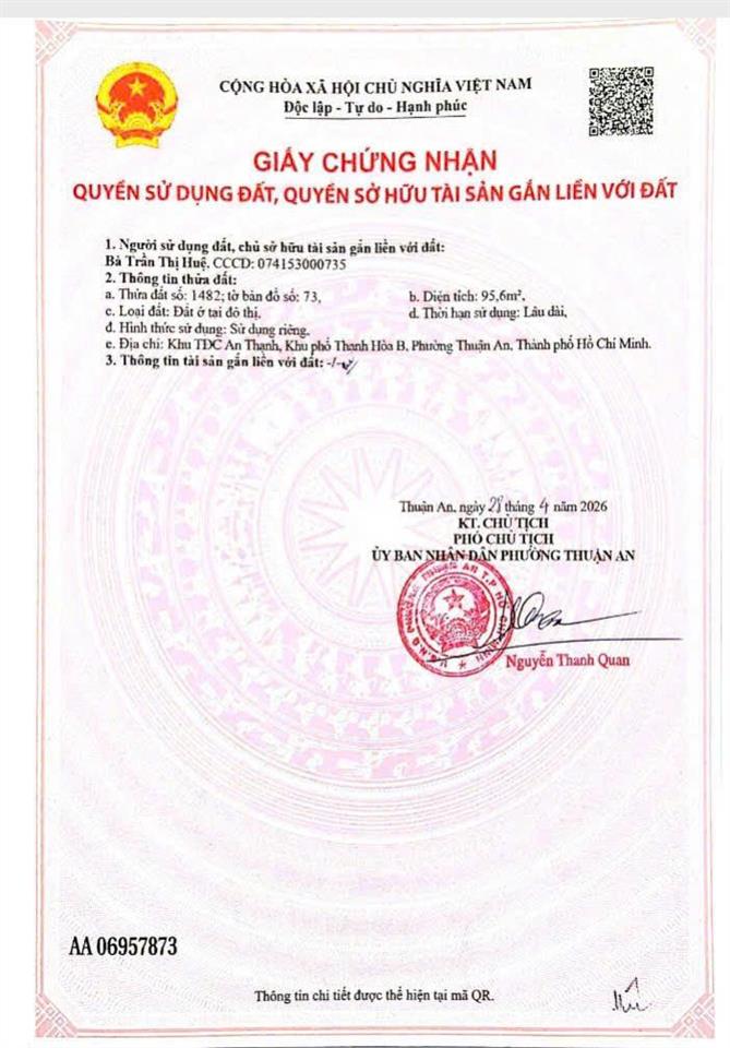 Lô góc kdc an thạnh, p. thuận an, tp. hồ chí minh 95,6m2 full thổ cư