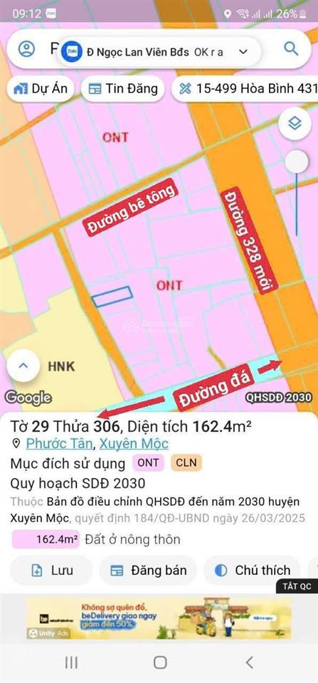 Đất phước tân, xuyên mộc, xã hồ tràm tp.hcm 162m2