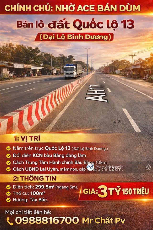 Chính chủ bán đất ql13 (đại lộ bình dương) 299,5m² (ngang 5m)