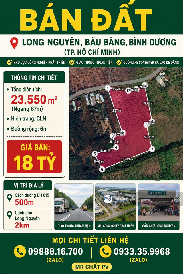 Bán đất 23.550m² ( ngang 67m) giá bán 18 tỷ (giá rẻ nhất long nguyên )