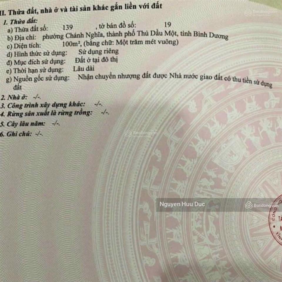 Bán đất khu dân cư chánh nghĩa đường d9. 5 x 20 (100% thổ cư) p chánh nghĩa, tp, tdm, bd