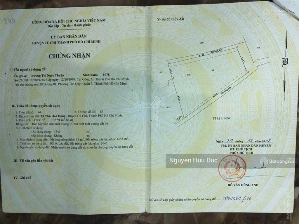Bán đất phân nền 3 mặt tiền đường (4.749m2 thổ cư 300m2) xã phú hoà đông, h củ chi, hcm