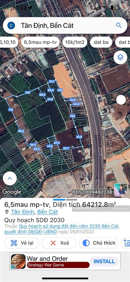 Bán đất 6,5ha thổ 600m2 p tân định, tx, bến cát, bình dương. 3,8tr /m2 mặt tiền mỹ phước tân vạn